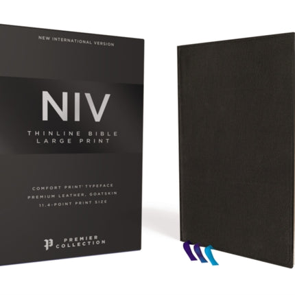 NIV, Thinline Bible, Large Print, Premium Goatskin Leather, Black, Premier Collection, Black Letter, Art Gilded Edges, Comfort Print