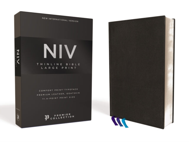 NIV, Thinline Bible, Large Print, Premium Goatskin Leather, Black, Premier Collection, Black Letter, Art Gilded Edges, Comfort Print