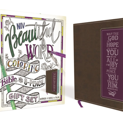 NIV, Beautiful Word Coloring Bible and 8-Pencil Gift Set, Leathersoft, Brown/Purple: Hundreds of Verses to Color