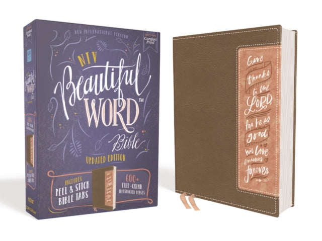 NIV, Beautiful Word Bible, Updated Edition, Peel/Stick Bible Tabs, Leathersoft, Brown/Pink, Red Letter, Comfort Print: 600+ Full-Color Illustrated Verses