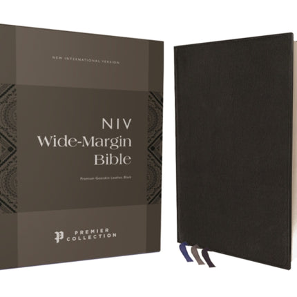 NIV, Wide Margin Bible (A Bible that Welcomes Note-Taking), Premium Goatskin Leather, Black, Premier Collection, Red Letter, Art Gilded Edges, Comfort Print