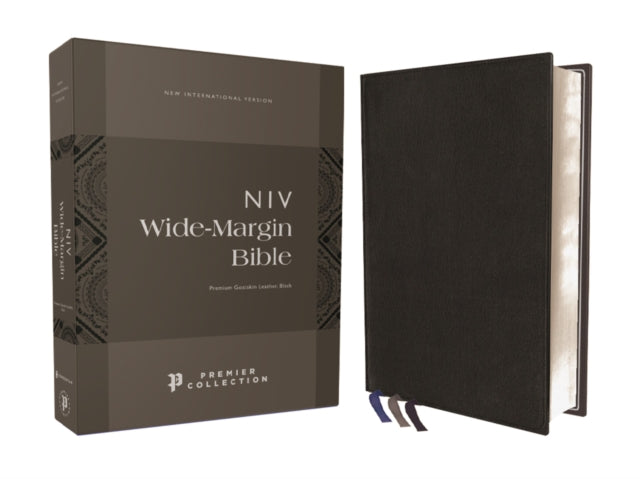 NIV, Wide Margin Bible (A Bible that Welcomes Note-Taking), Premium Goatskin Leather, Black, Premier Collection, Red Letter, Art Gilded Edges, Comfort Print