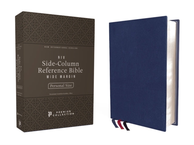 NIV, Side-Column Reference Bible (Deep Study at a Portable Size), Personal Size, Premium Goatskin Leather, Blue, Premier Collection, Art Gilded Edges, Comfort Print