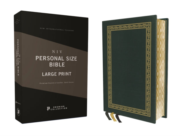 NIV, Personal Size Bible, Large Print, Premium Goatskin Leather, Green, Premier Collection, Black Letter, Gauffered Edges, Comfort Print