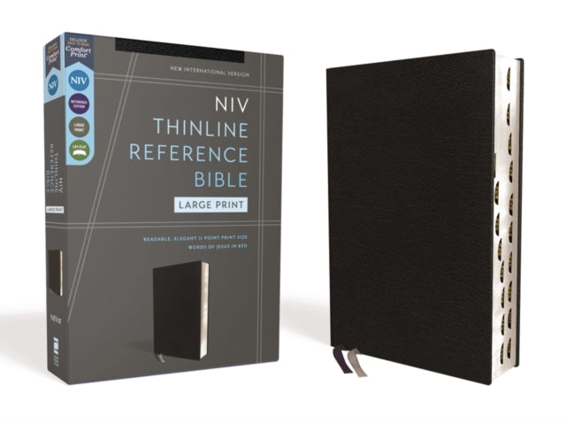 NIV, Thinline Reference Bible (Deep Study at a Portable Size), Large Print, European Bonded Leather, Black, Red Letter, Thumb Indexed, Comfort Print