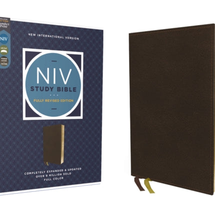 NIV Study Bible Fully Revised Edition Study Deeply. Believe Wholeheartedly. Genuine Leather Calfskin Brown Red Letter Comfort Print