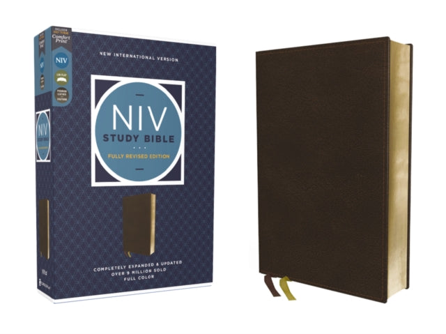 NIV Study Bible Fully Revised Edition Study Deeply. Believe Wholeheartedly. Genuine Leather Calfskin Brown Red Letter Comfort Print