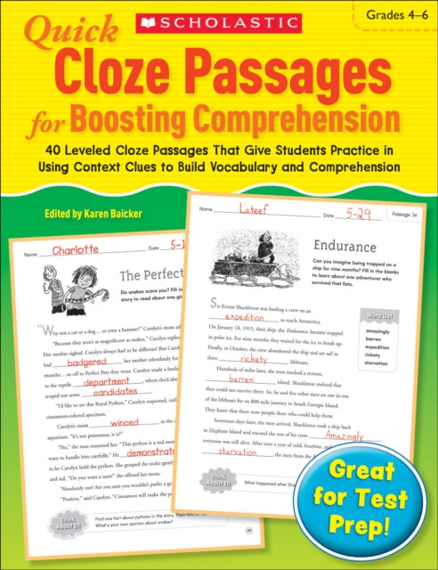 Quick Cloze Passages for Boosting Comprehension: Grades 4-6: 40 Leveled Cloze Passages That Give Students Practice in Using Context Clues to Build Vocabulary and Comprehension