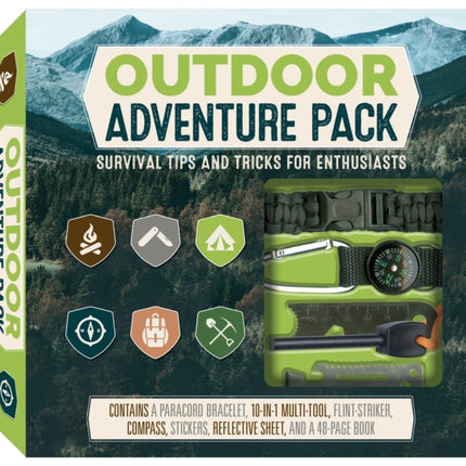 Outdoor Adventure Pack: Survival Tips and Tricks for Enthusiasts - Contains a Paracord Bracelet, 10-in-1 Multi-tool, Flint-striker, Compass, Stickers, Reflective Sheet, and a 48-page Book