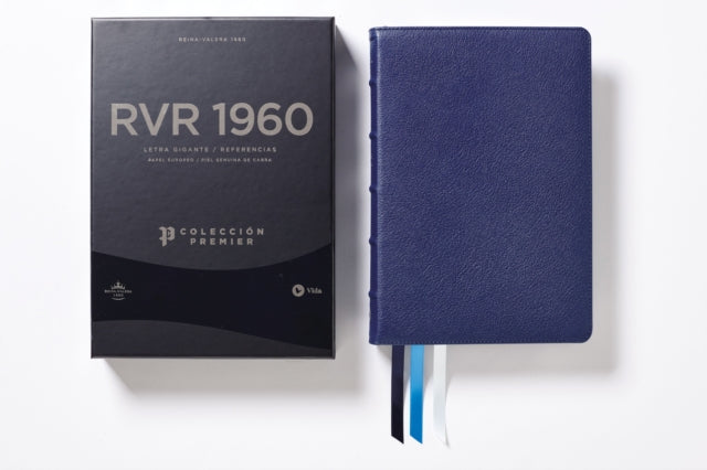 Rvr60 Santa Biblia Colección Premier Letra Gigante Interior a DOS Colores Piel Genuina de Cabra Azul Marino Comfort Print