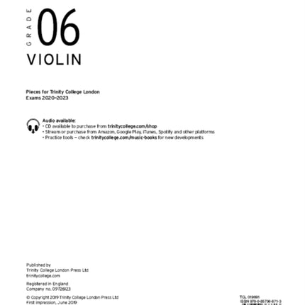 Trinity College London Violin Exam Pieces From 2020: Grade 6 (part only)