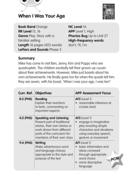 BC JD Plays Orange/1A When I Was Your Age Guided Reading Card