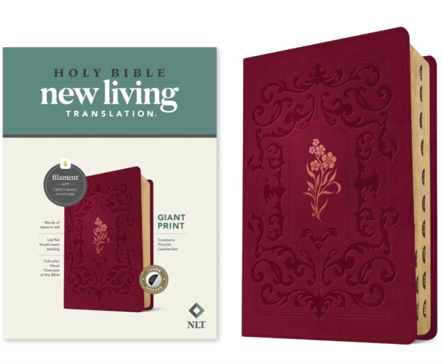 NLT Giant Print Bible Filament Enabled Leatherlike Cranberry Flourish Indexed Red Letter