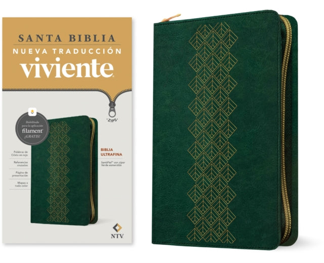 Biblia Ultrafina Ntv de Zíper Con Filament Sentipiel Verde Esmeralda Letra Roja