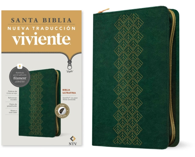 Biblia Ultrafina Ntv de Zíper Con Filament Sentipiel Verde Esmeralda Índice Letra Roja