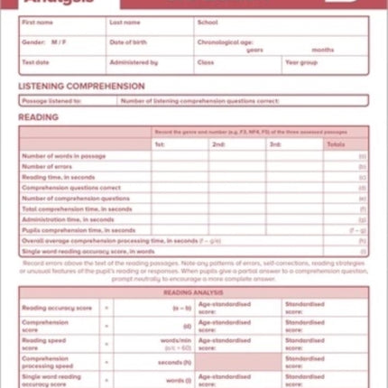 DRA Pupil Record Sheet B 3ED PK10 Diagnostic