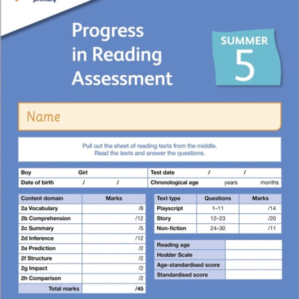 New PiRA Test 5, Summer PK10 (Progress in Reading Assessment)