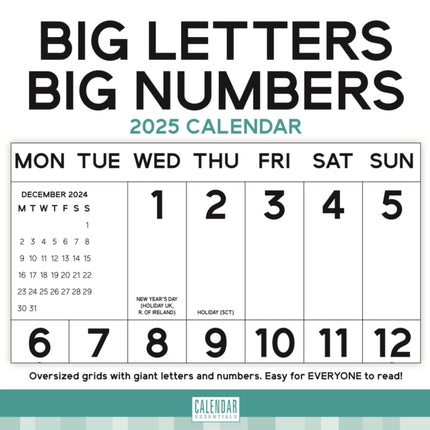 Essential Big Letters Big Numbers Square Wall Calendar 2025