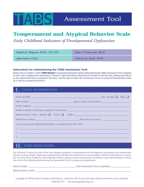 Temperament and Atypical Behavior Scale (TABS) Assessment Tool: Early Childhood Indicators of Developmental Dysfunction