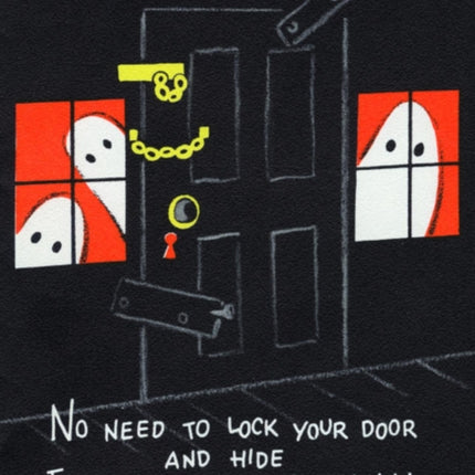 Halloween ghosts flank padlocked door  Halloween Greeting Card