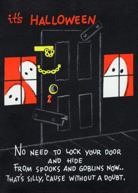 Halloween ghosts flank padlocked door  Halloween Greeting Card