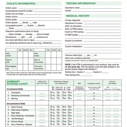 Pediatric Test of Brain Injury: Test Forms (Pack of 10)