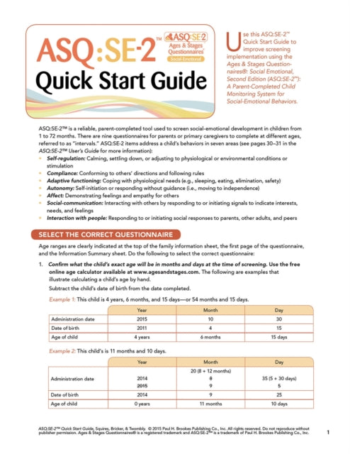 Ages & Stages Questionnaires®: Social-Emotional (ASQ®:SE-2): Quick Start Guide (English): A Parent-Completed Child Monitoring System for Social-Emotional Behaviors