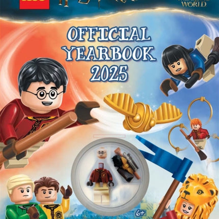 LEGO Harry Potter Official Yearbook 2025 with Harry Potter minifigure broomstick and Golden Snitch