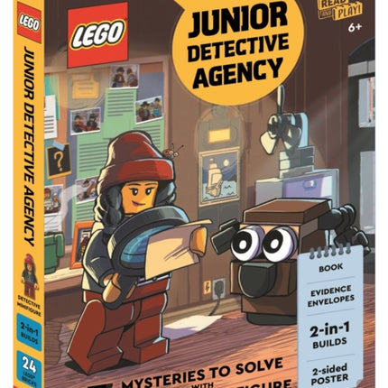 LEGO  Books Junior Detective Agency with detective minifigure dog minibuild 2sided poster play scene evidence envelopes and LEGO elements