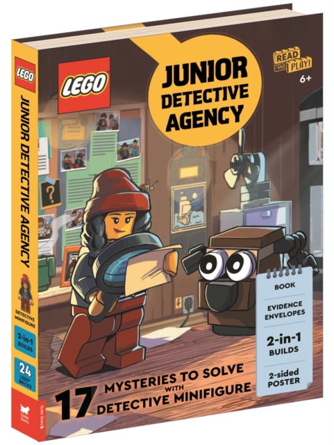 LEGO  Books Junior Detective Agency with detective minifigure dog minibuild 2sided poster play scene evidence envelopes and LEGO elements