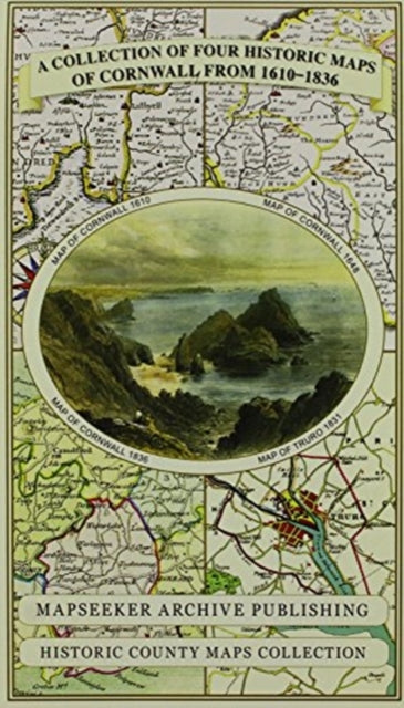 Cornwall 1611 – 1836 – Fold Up Map that features a collection of Four Historic Maps, John Speed’s County Map 1611, Johan Blaeu’s County Map of 1648, Thomas Moules County Map of 1836 and Robert Dawson’s Reform Act Plan of Truro 1831. The map