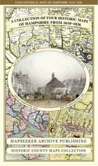 Hampshire 1610 – 1836 – Fold Up Map that features a collection of Four Historic Maps, John Speed’s County Map 1611, Johan Blaeu’s County Map of 1648, Thomas Moules County Map of 1836 and a Plan of Winchester 1805 by Cole and Roper. The maps