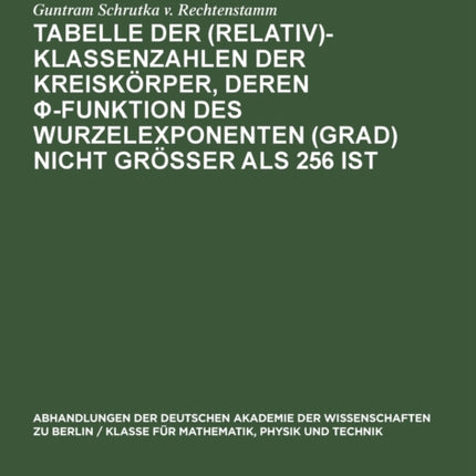 Tabelle Der (Relativ)-Klassenzahlen Der Kreiskörper, Deren φ-Funktion Des Wurzelexponenten (Grad) Nicht Größer ALS 256 Ist