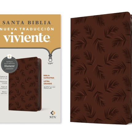 Biblia Ultrafina Ntv Letra Grande de Zíper Con Filament Sentipiel Palmera Café Letra Roja