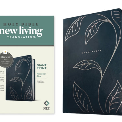 NLT Personal Size Giant Print Bible Filament Enabled Leatherlike Navy Vines Red Letter