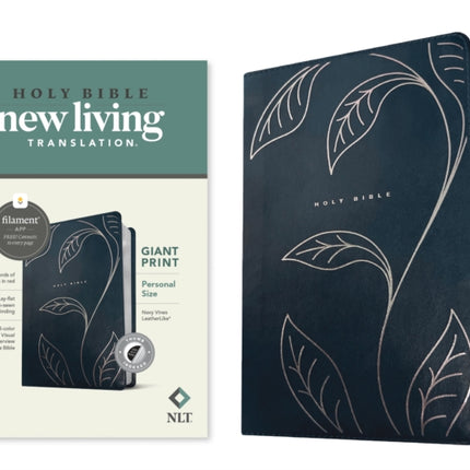 NLT Personal Size Giant Print Bible Filament Enabled Leatherlike Navy Vines Indexed Red Letter